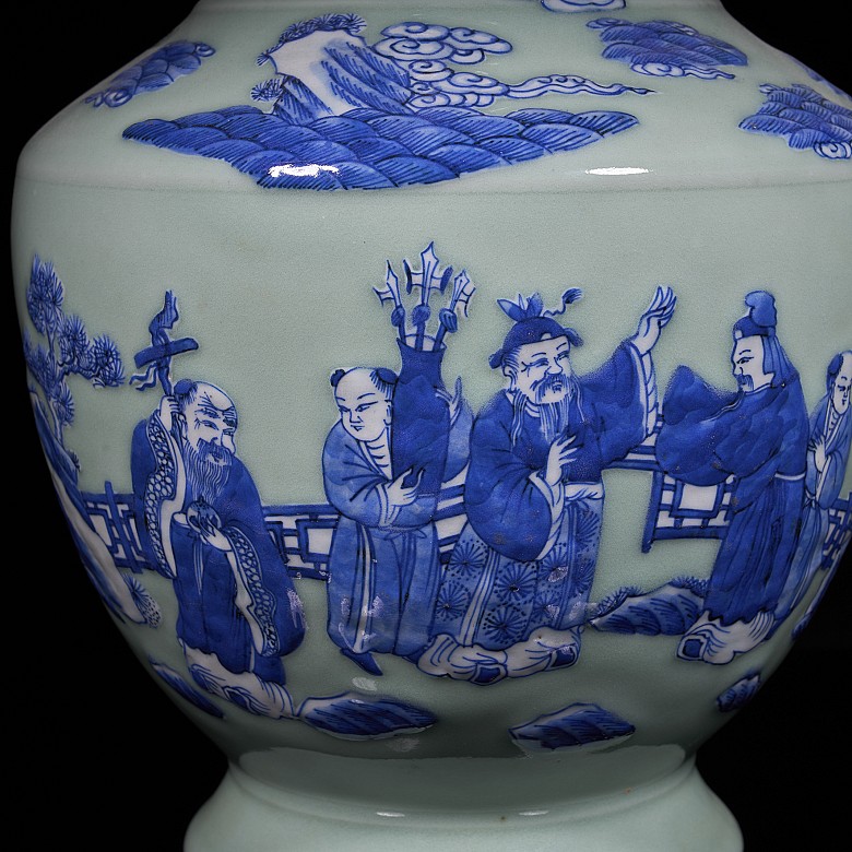 Blue and white vase with celadon background “Nobles and sages”, Qing Dynasty