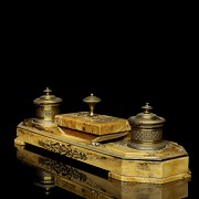 Double inkwell in yellow marble, Empire style, 19th century