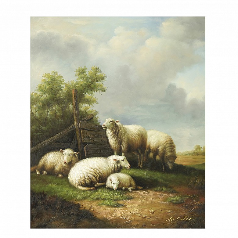 W. Coter (20th century) ‘Landscape with lambs’