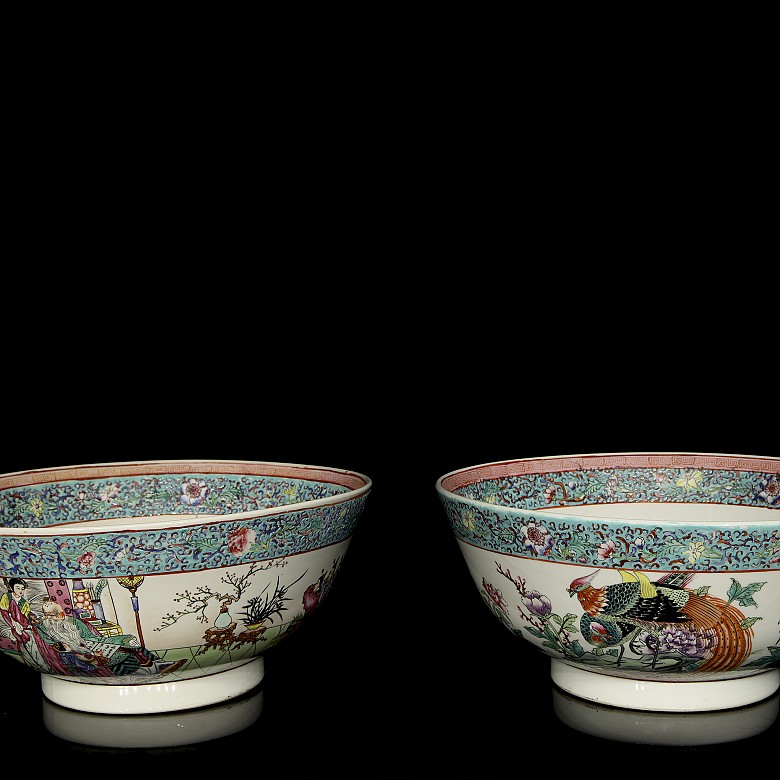 Pair of large bowls, famille rose, Canton, 20th century