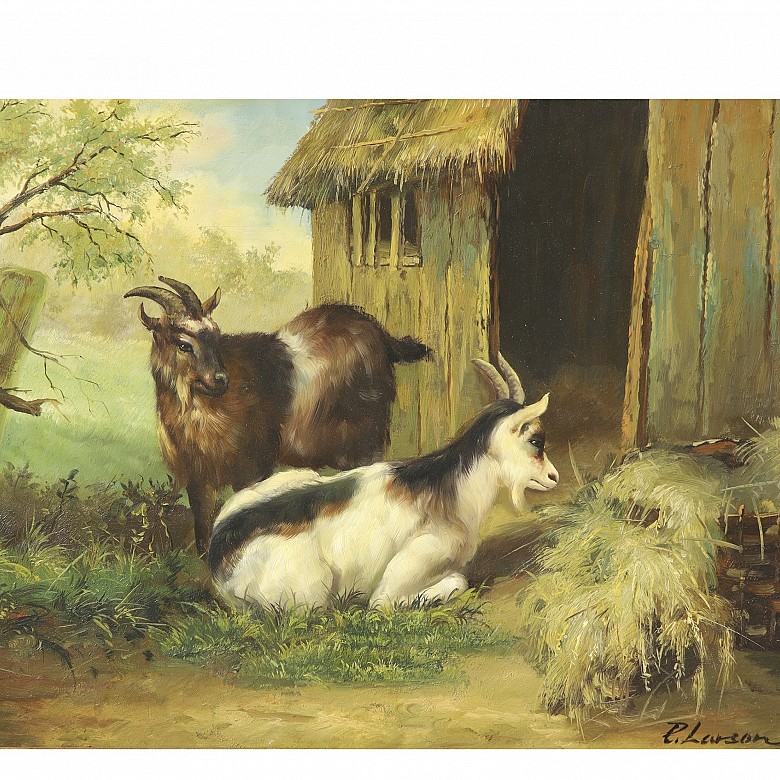 P. Larson (20th century) ‘Goats by the stable’