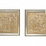 Vicente Andreu. Four wood carvings with frame, 20th century