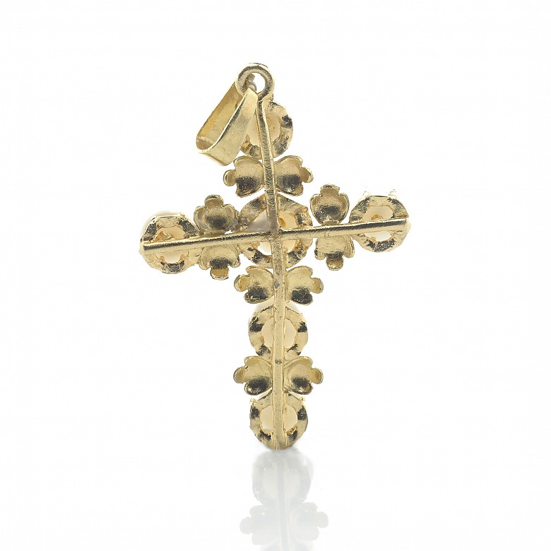 Cruz de oro amarillo 18 k con hojas y seis perlas