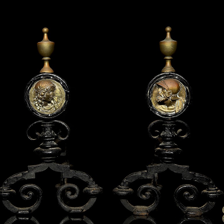 Pair of bronze and iron morels, 20th century