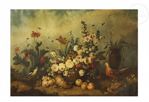 Spanish school early 20th century “Still life with basket and birds”