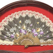 Wooden fan ‘’Flowers‘’ with fan holder, 20th century