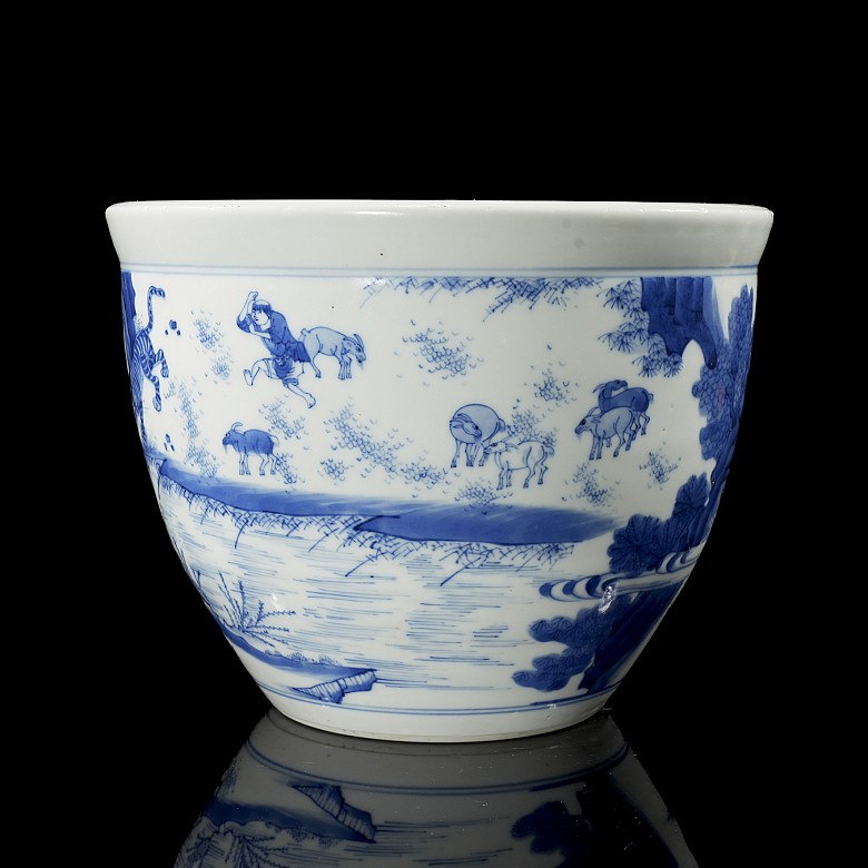 Blue and white porcelain bowl ‘Hunters’, 20th century