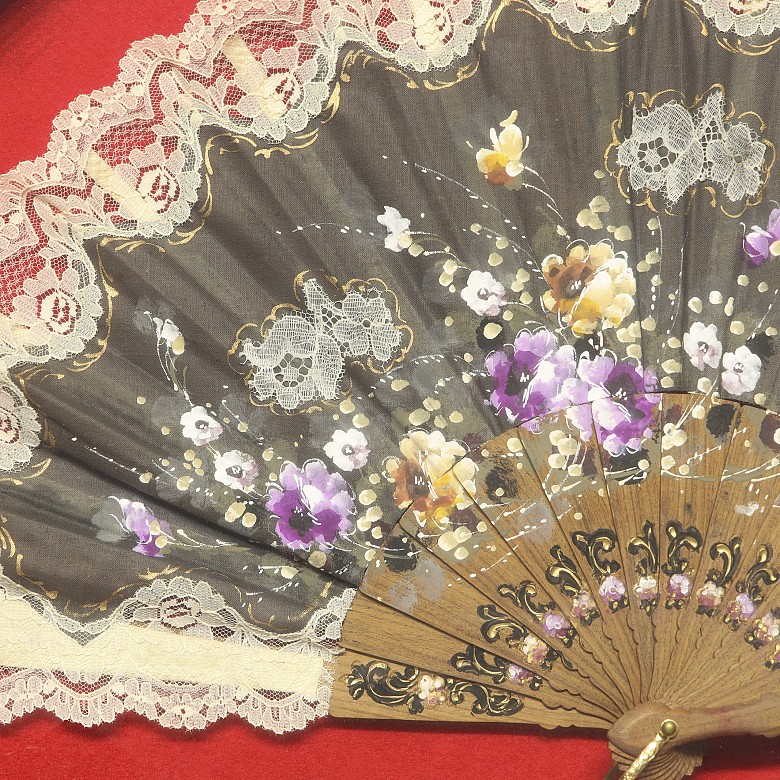 Wooden fan ‘’Flowers‘’ with fan holder, 20th century