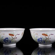 Pair of ‘Flowers and lingzhi’ famille rose bowls, Qing dynasty