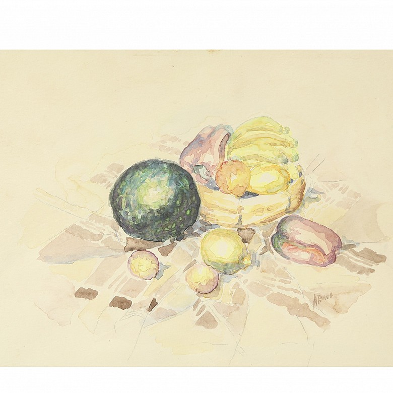 Jordi Arrué (20th century) ‘Still life with fruit and vegetables’.