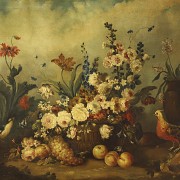 Spanish school early 20th century “Still life with basket and birds”