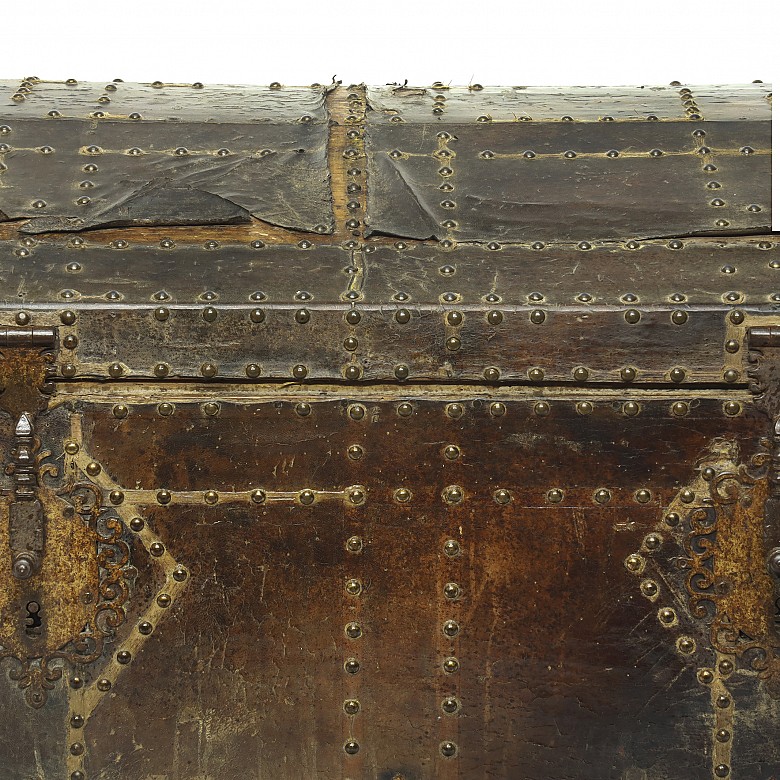 A wood and leather trunk, 18th century