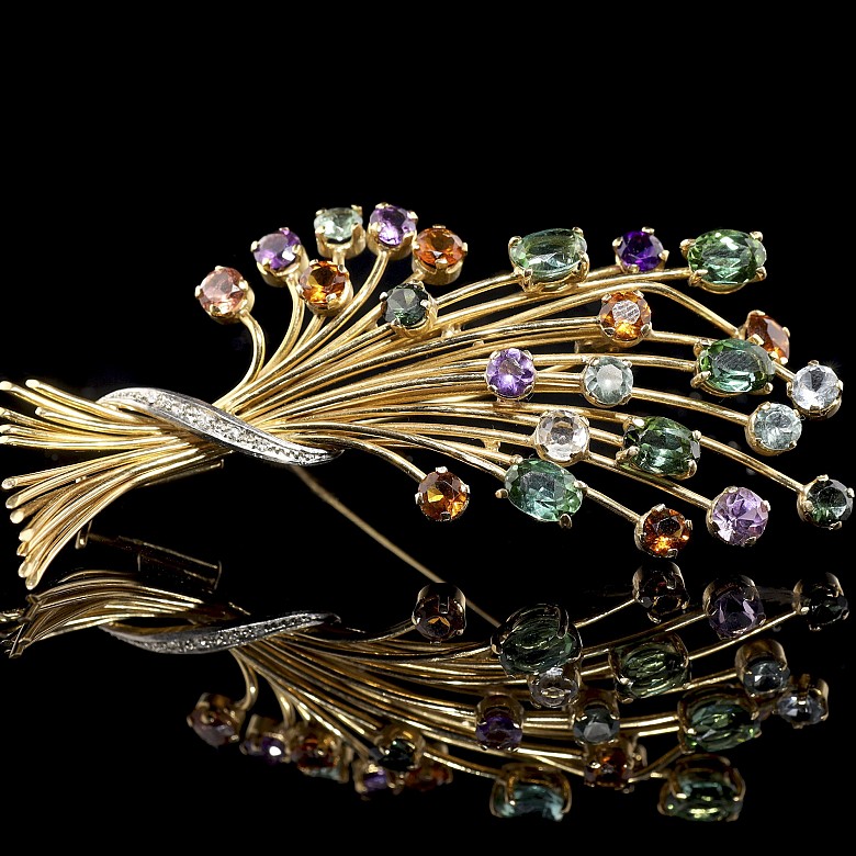 Brooch ‘Bouquet’ in yellow gold with coloured stones