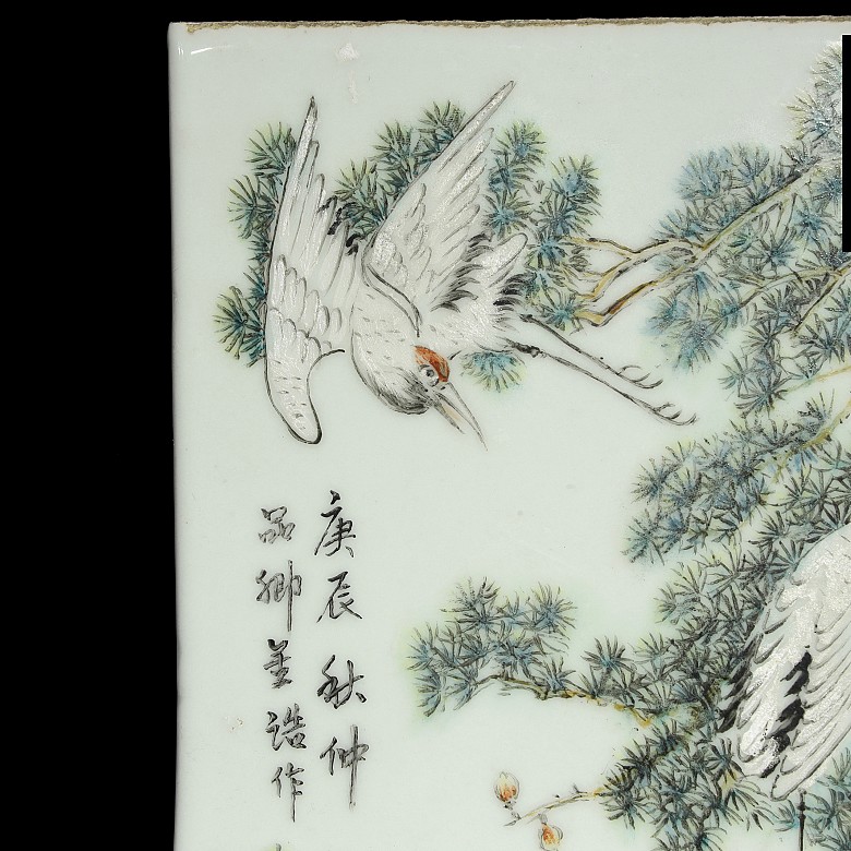 Porcelain enameled plate with deer and cranes, 20th century