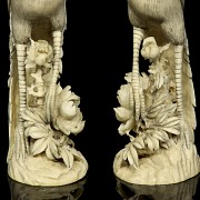 Pair of ivory carvings ‘Phoenix on branch’, early 20th century