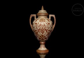 Large vase with porcelain handles and metallic lustre, 20th century