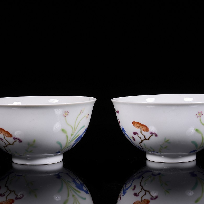 Pair of ‘Flowers and lingzhi’ famille rose bowls, Qing dynasty