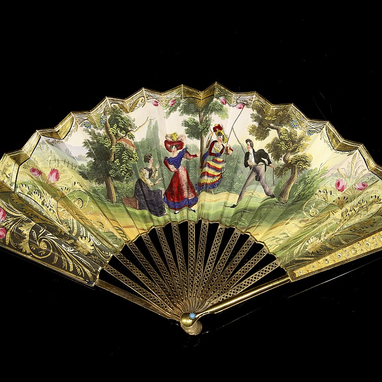 Fan with metal rod and paper country, 19th century