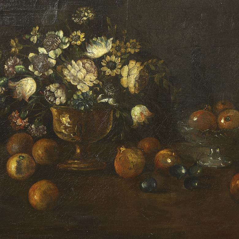 19th century Spanish School ‘Still life with flowers and pomegranates’