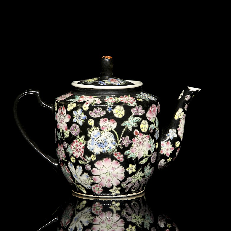 Porcelain enamelled, black family, ‘flowers’ teapot, 20th century