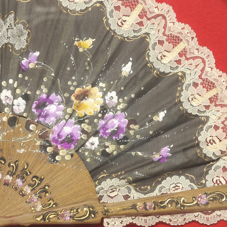 Wooden fan ‘’Flowers‘’ with fan holder, 20th century