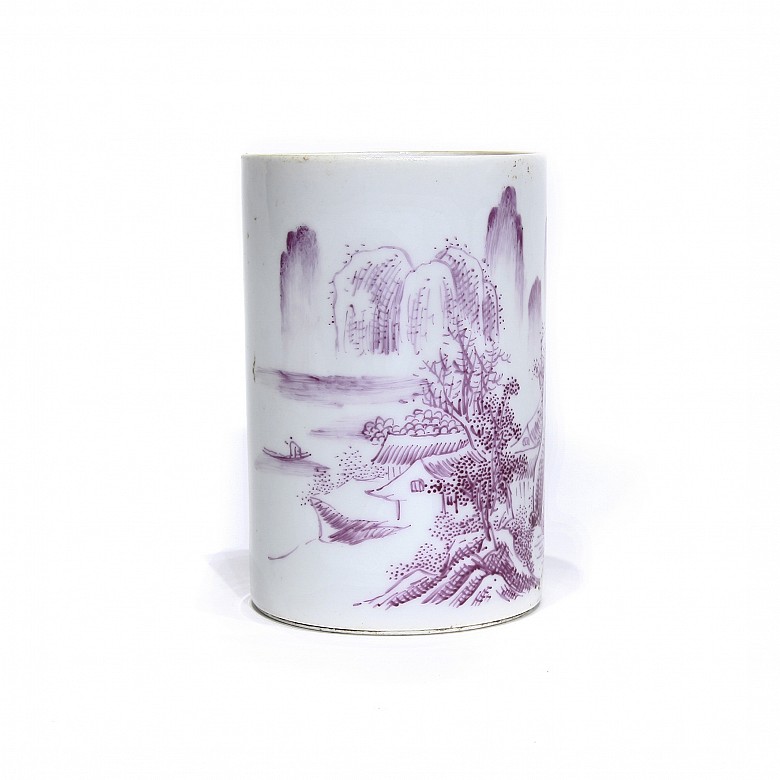 Enameled brush holder with landscape, 20th century