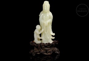 Hetian “Guanyin and Shancai” white jade figurine, Qing dynasty