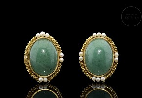 Pendientes de oro amarillo 18 kt, piedras y perlas, s.XX