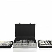 Large silver plated metal cutlery set with case, RSR