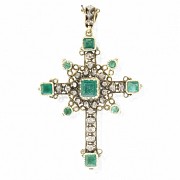 18k yellow gold cross, with diamonds and emeralds, 19th century