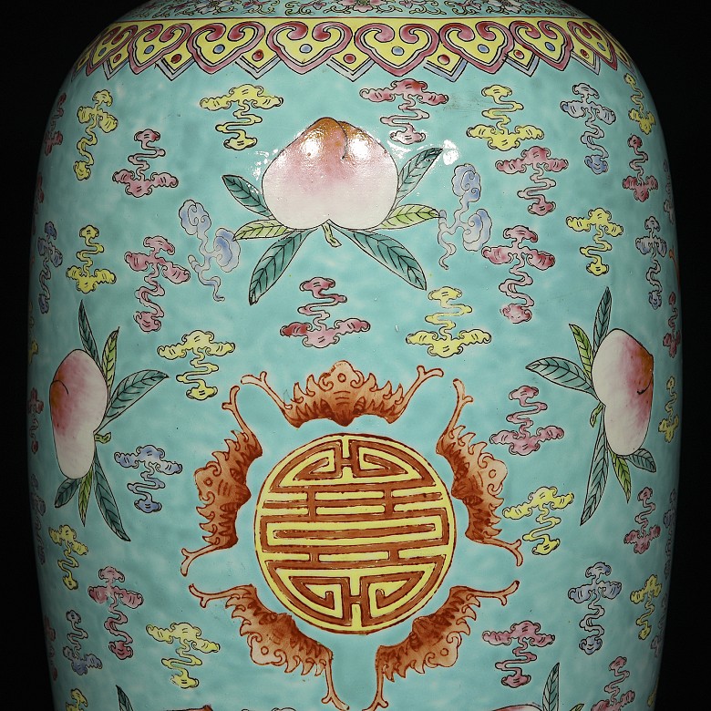 Large sky-blue vase with peaches, 20th century