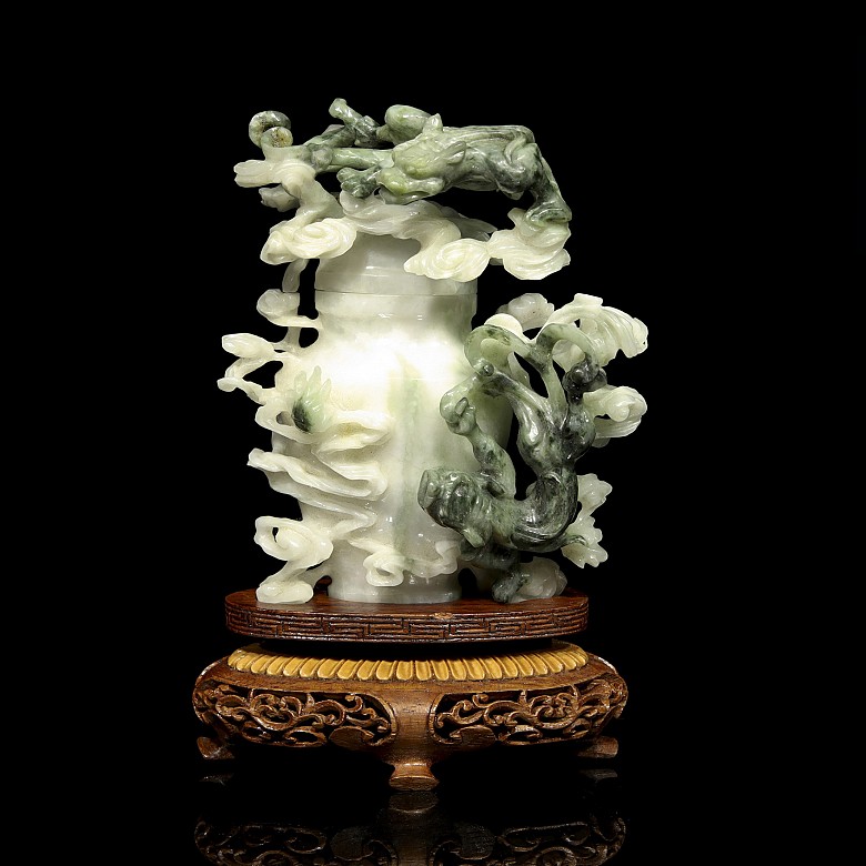 Chinese jade vase with lid and wood pedestal, 20th century