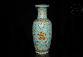 Large sky-blue vase with peaches, 20th century