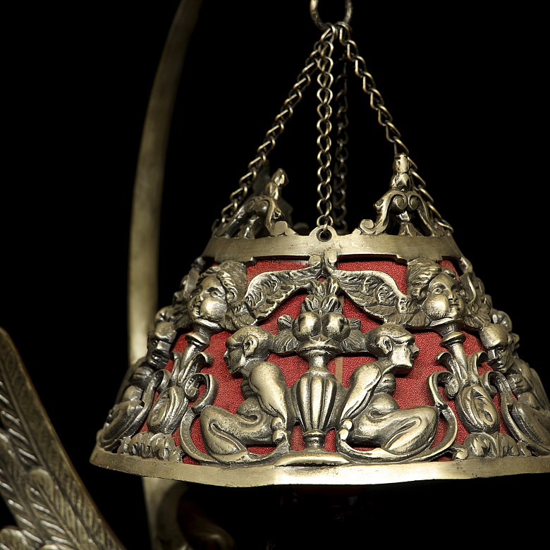 Metal table lamp with reliefs, 20th century