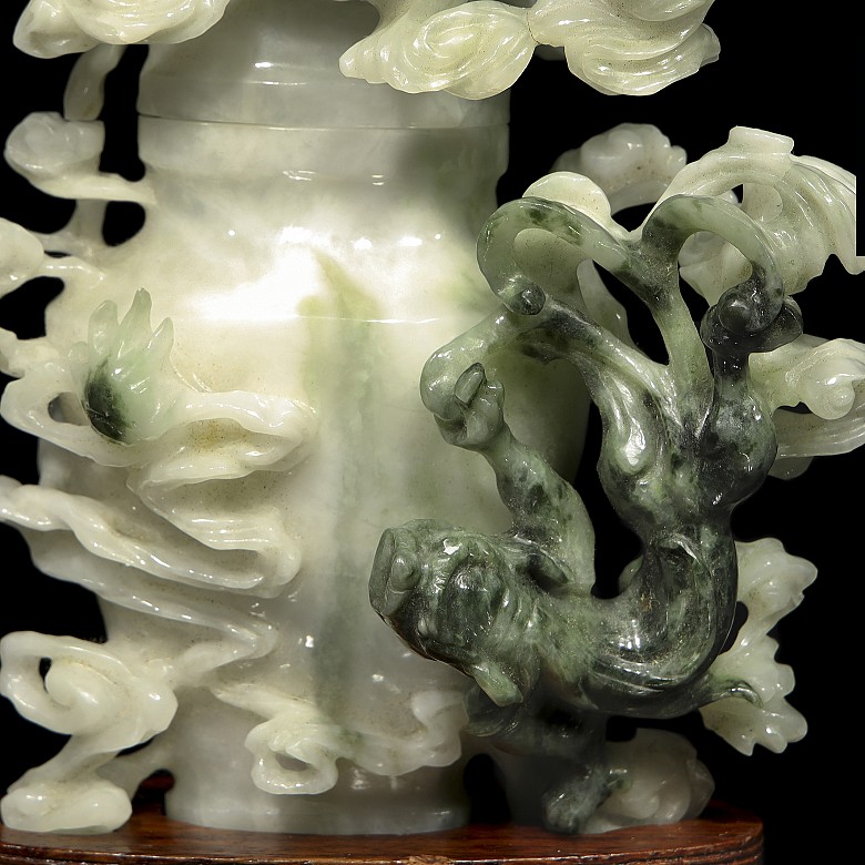 Chinese jade vase with lid and wood pedestal, 20th century