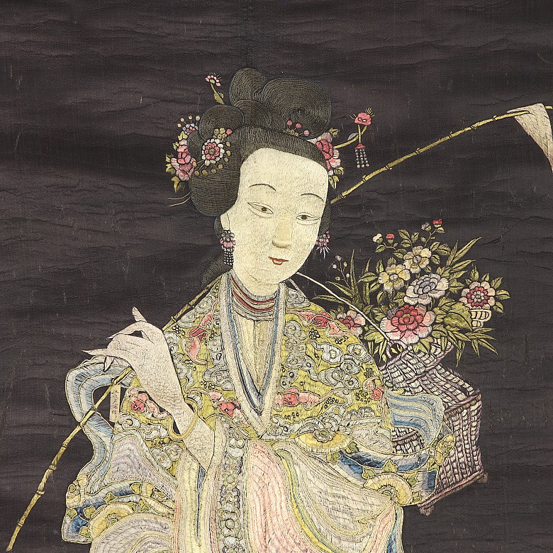 Asian embroidery ‘Lady with crane and deer’, 20th century