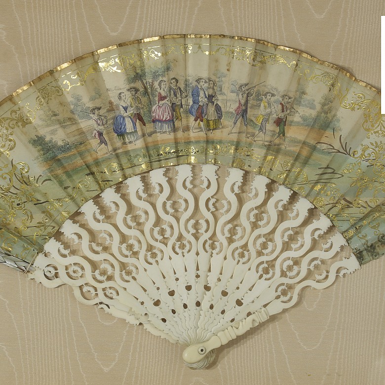 Bone and paper hand fan, with fan holder.