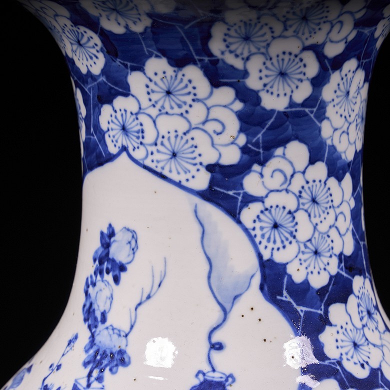 Pair of blue and white ‘Scenes and Plum Blossom’ vases, Qing Dynasty