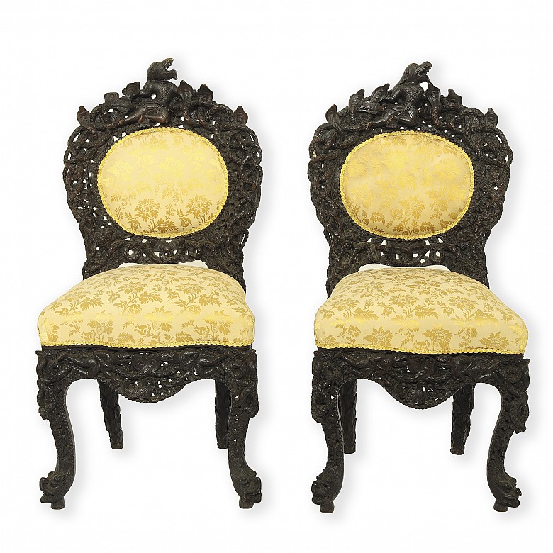 Pair of Thai carved wooden chairs, carved wood, 19th century