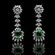 Set of platinum,  colombian emerald and brilliant-cut diamonds earrings and ring