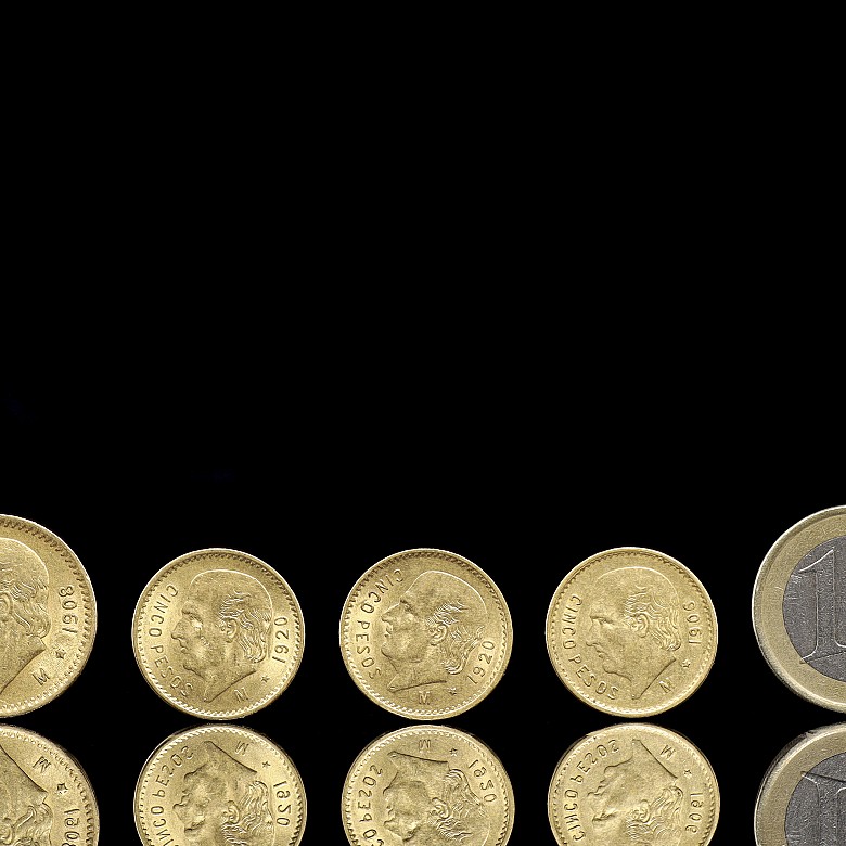 Four gold coins ‘Five and ten Mexican pesos’