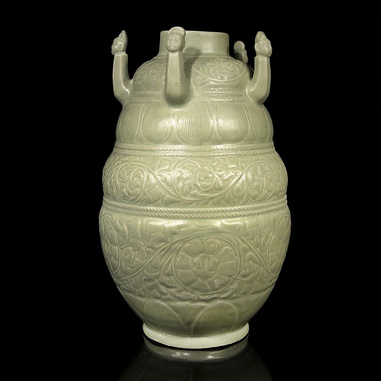 Vase with reliefs glazed in olive green, 20th century