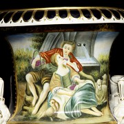 Pair of porcelain enamelled urns ‘Lovers’, 20th century