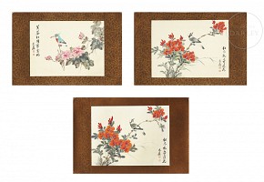 Three chinese paintings ‘Blossoming branches with birds’, 20th century