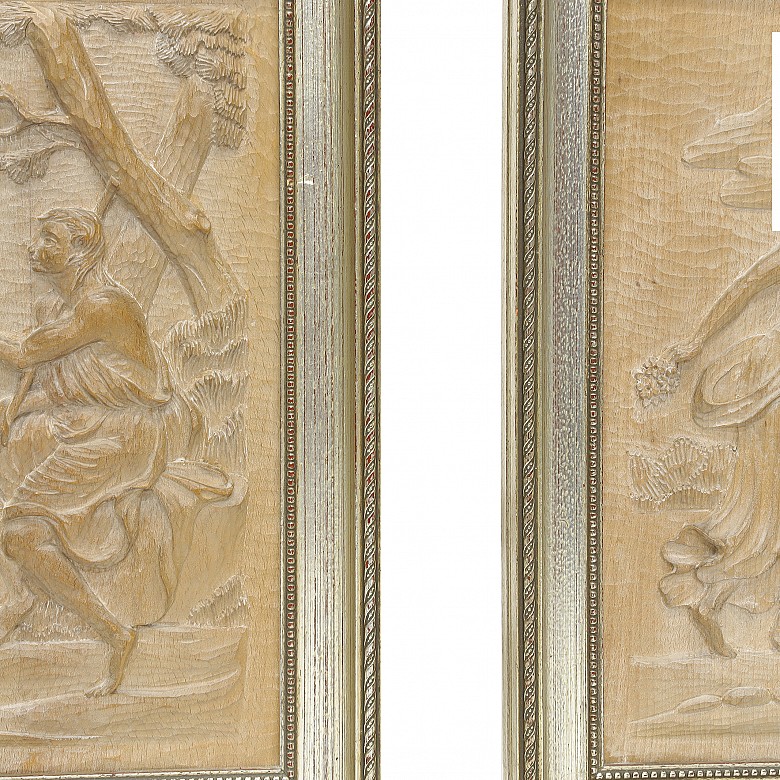 Vicente Andreu. Four wood carvings with frame, 20th century