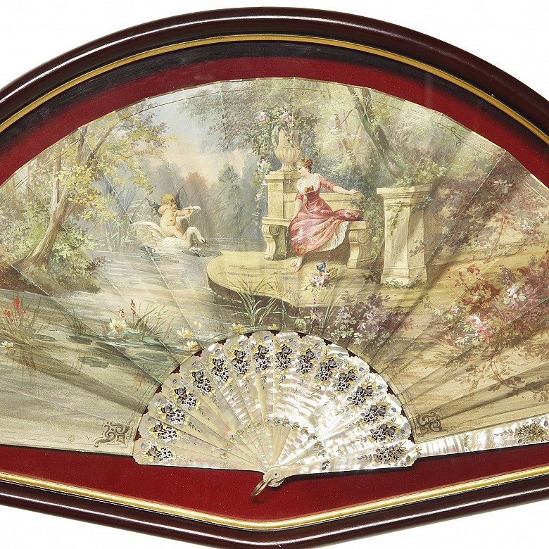 Mother-of-pearl fan with fan holder ‘Cupid on the lake’, 20th century