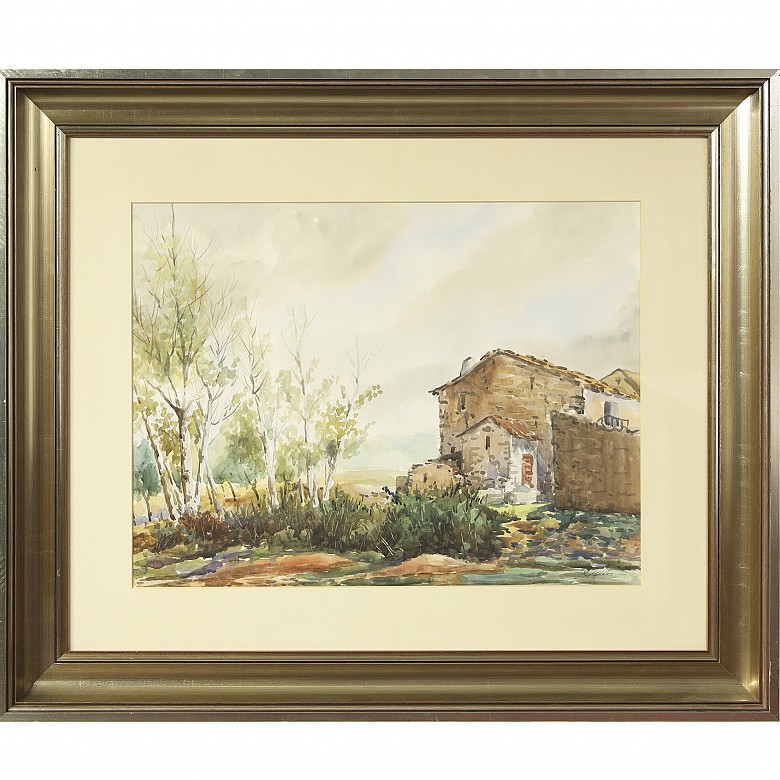 Watercolor (20th century) “Country landscape with house” - 5