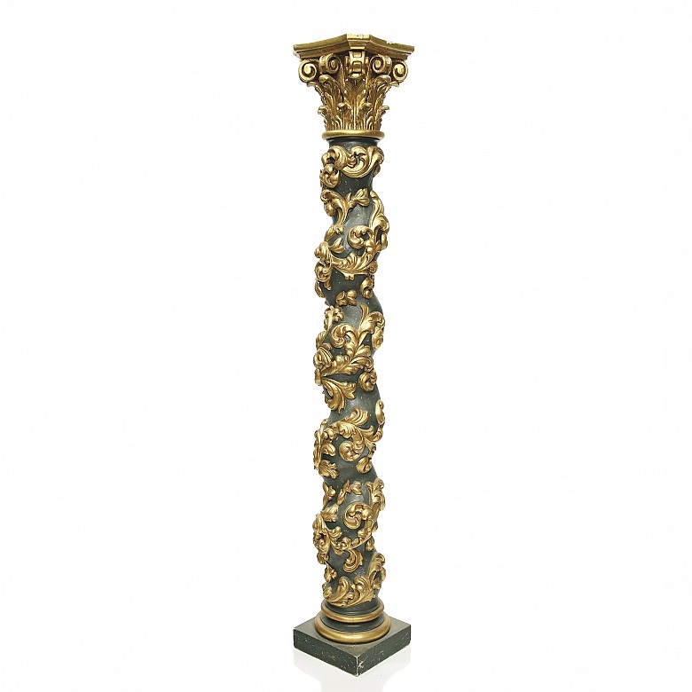 Solomonic carved and polychromed wooden column, 20th century