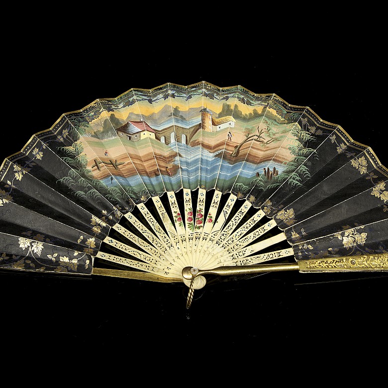 Fan with metal and bone band and paper country, 19th century