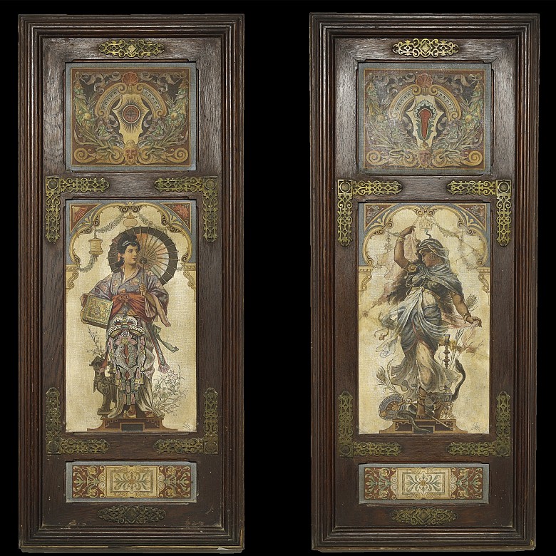 Pair of wooden panels ‘Oriental Women’, early 20th century